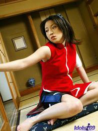 Naughty Saeki enjoys masturbating with a piece of material in her naked pussy pictures at find-best-hardcore.com